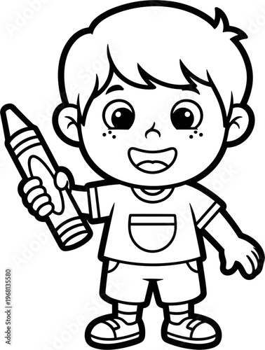 Boy Holding Large Crayon Smiling.