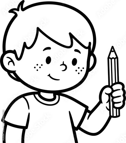 Boy Holding Pencil Smiling Face.
