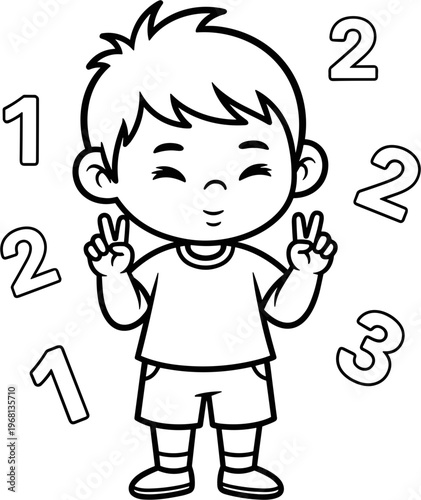 Boy making peace signs with hands.