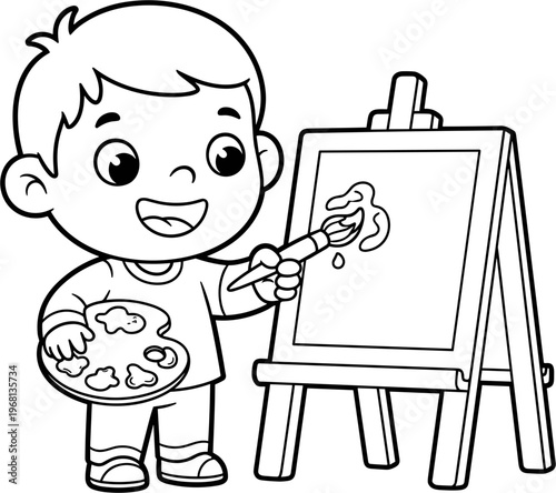 Boy painting on an easel board.