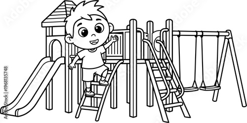 Boy on playground climbing structure.