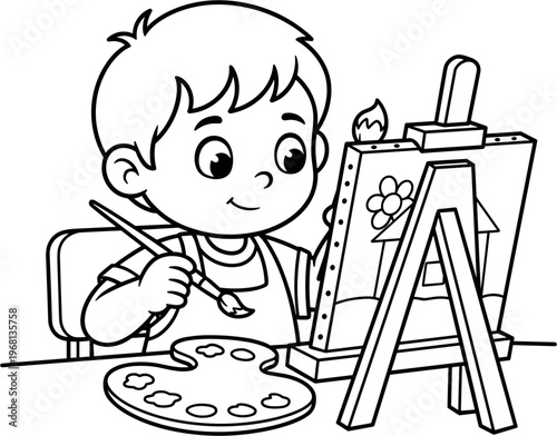 Boy painting on an easel.