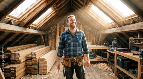 Happy handyman with a wide grin in a woodworking attic, admiring natural light