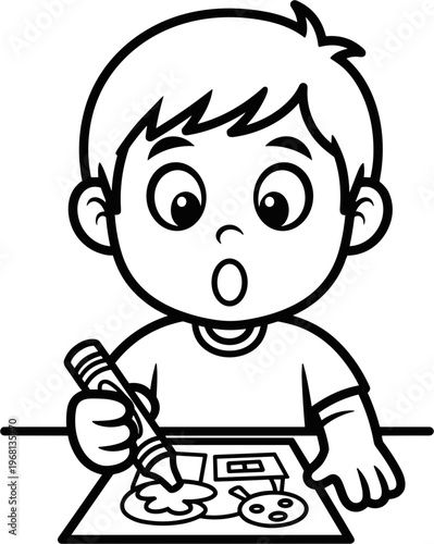 Boy painting with a brush surprised.