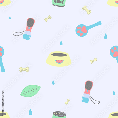 Sweet pastel pet feeding supplies seamless pattern with cute bowl and water bottle. Kawaii flat design vector background for summer animal care shop wallpaper and textile