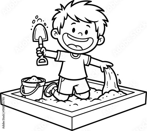 Boy playing with sand and shovel.
