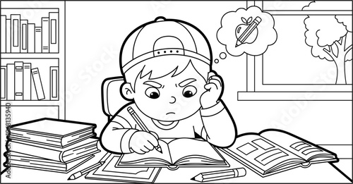 Boy sitting at desk with books 1.