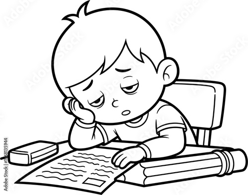 Boy sitting at desk looking bored.