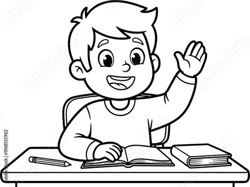 Boy sitting at desk with hand raised.