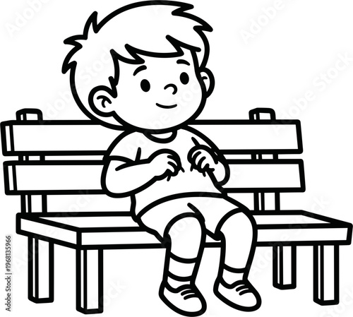 Boy sitting on a bench smiling.