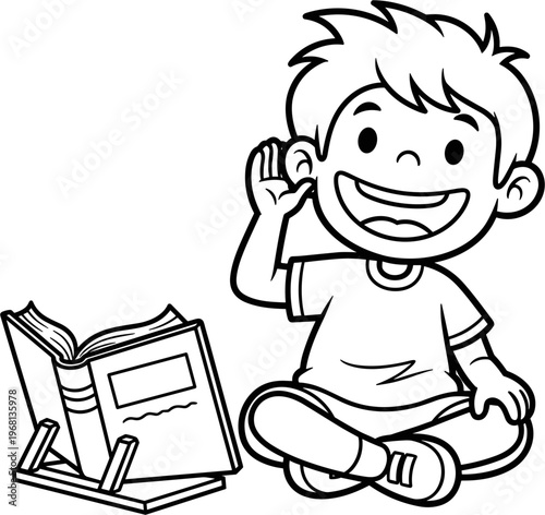 Boy sitting with book smiling.