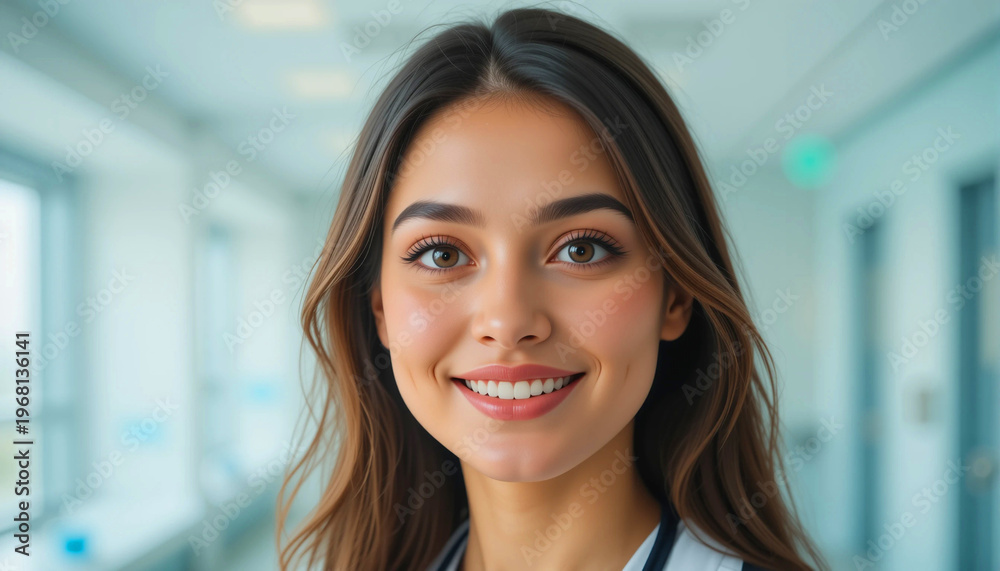 Fototapeta premium Young female healthcare professional with long brown hair smiles confidently in a bright hospital corridor, wearing a white coat and stethoscope around her neck