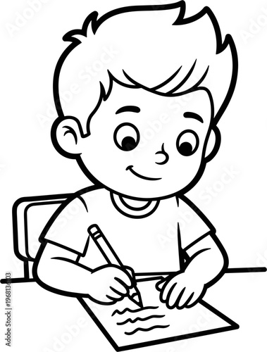 Boy Writing on Paper with Pencil.