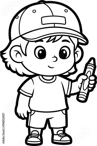 Cartoon boy wearing baseball cap holding crayon.