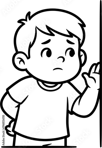 Caucasian boy with worried expression standing.