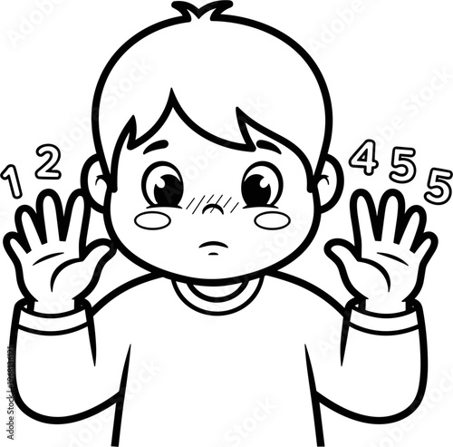 Caucasian child with puzzled expression gestures.