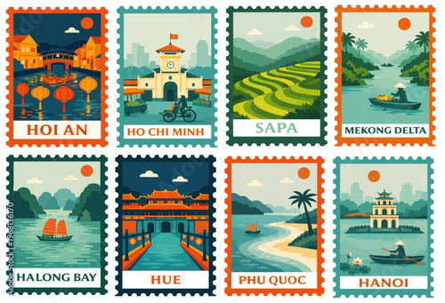 SET OF VIETNAM STAMPS ILLUSTRATION (HO CHI MINH, HANOI, PHU QUOC, SAPA, HUE, MEKONG DELTA, HALONG BAY, HOI AN)	

