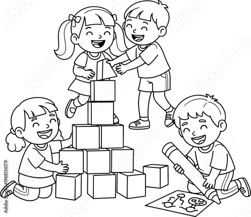 Children Building with Blocks Together.