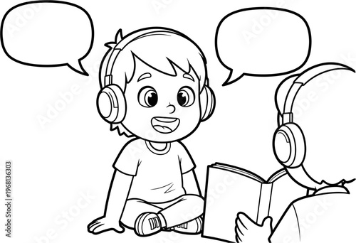 Children wearing headphones and talking.