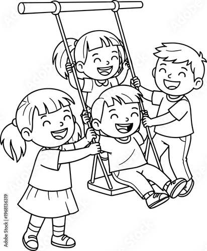 Four children playing on swing set.