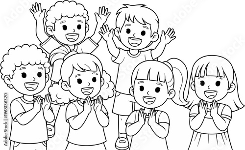 Diverse group of happy children praying.