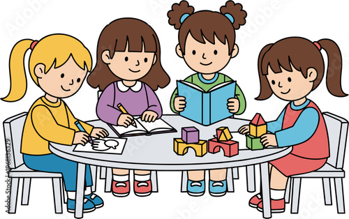 Four little girls sitting at table.
