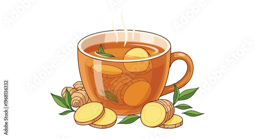 Steaming ginger tea in a mug, adorned with fresh rhizome slices and green leaves, evoking comfort and natural wellness