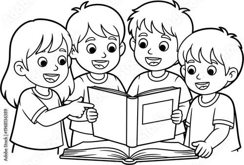 Group of children reading book together.