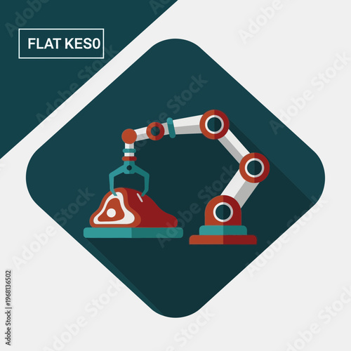 Robotic arm in a flat design style, processing a piece of red meat on a production line, symbolizing automation in the food industry.