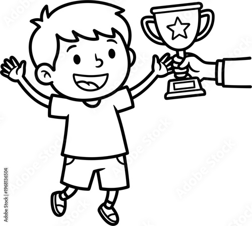 Happy boy holding trophy cup high.