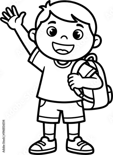 Happy boy waving with backpack on.