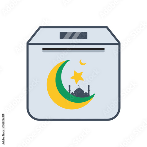 Illustration of a donation box featuring Islamic symbols like a crescent moon, star, and mosque silhouette, representing charity and religious giving.