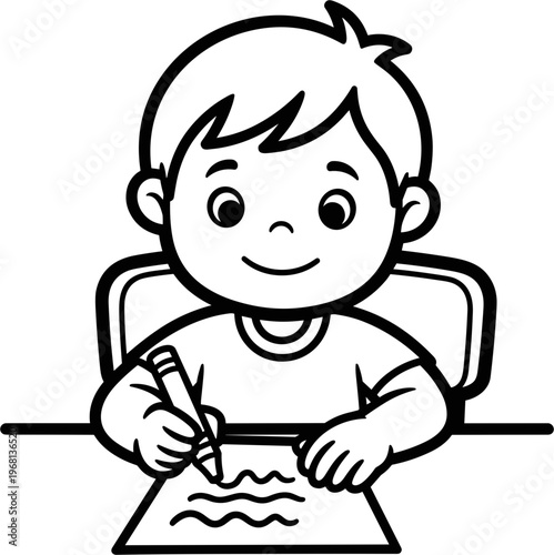 Happy child drawing with pencil.