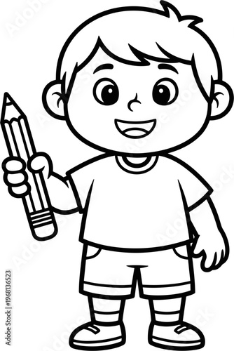 Happy cartoon boy holding big pencil.