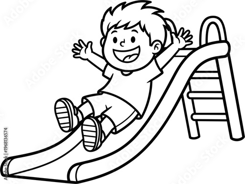 Happy child playing on a slide.