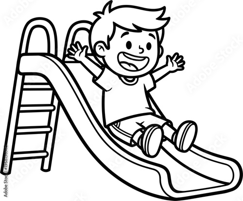 Happy child playing on slide outdoors 1.