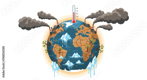 A stark visual of Earth's climate crisis: industrial pollution, soaring temperatures, melting ice, and desiccated land. Urgent environmental call to