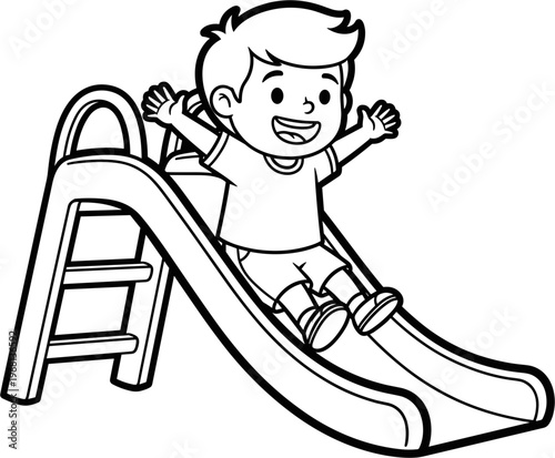 Happy child playing on slide outdoors.