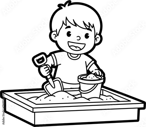 Happy child playing with sand bucket.