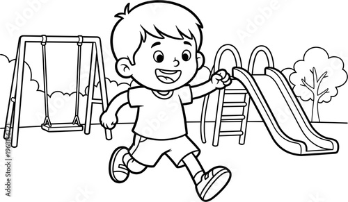 Happy little boy playing outside freely.