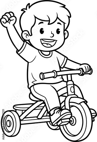 Happy little boy riding tricycle fast.