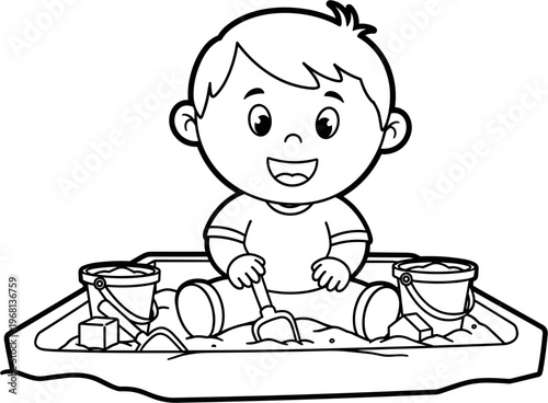 Happy toddler playing with sand buckets.