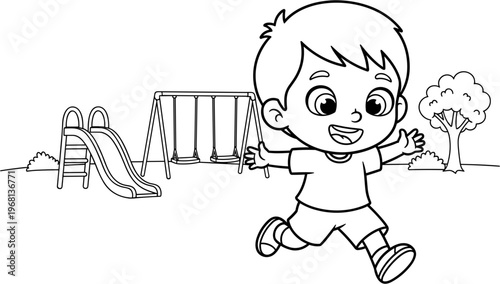 Happy little boy running outside playground.