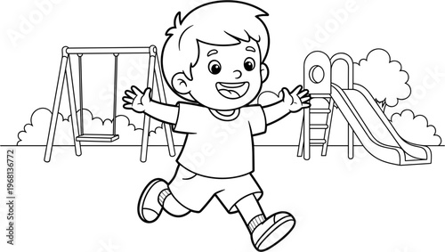 Happy little boy running with arms out.