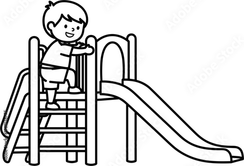 Little boy climbing playground ladder.