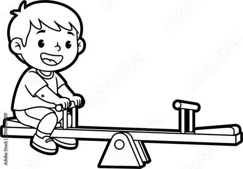 Little boy playing on seesaw alone.