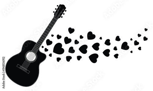 Acoustic Guitar Heart Icons Music Love Romantic Melody Sound Valentine Emotion Song Instrument Vector Illustration Set Isolated Background