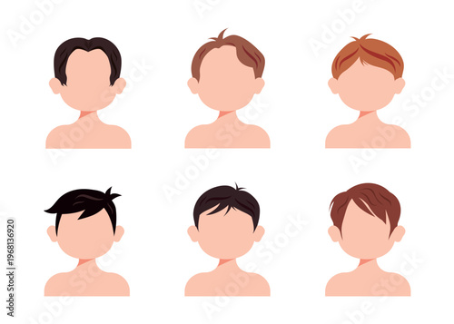 Set of front view stylish hairstyles of boys of different appearances in cartoon style. Vector illustration of bust with different boys haircuts, blond, dark-haired isolated on white background.