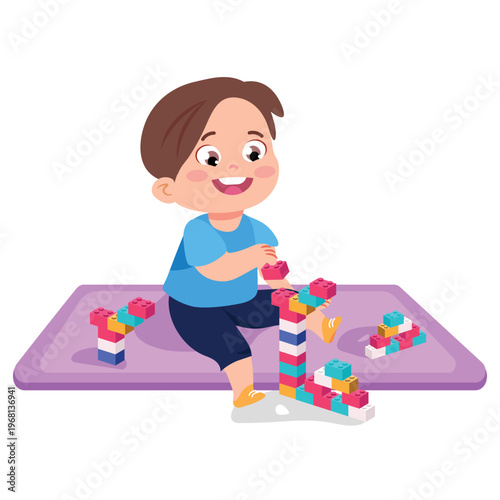 Vector illustration of a little child boy playing with a constructor. Cartoon scene of a cheerful boy sitting on a mat on the floor playing with building colored blocks isolated on a white background.