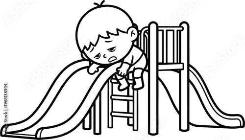 Little Boy Playing on Slide Alone.